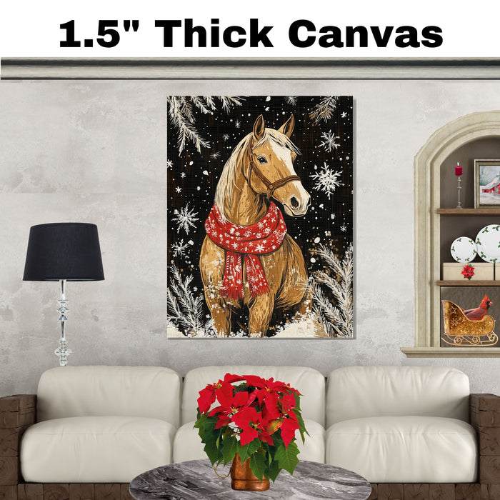 "Snowy Elegance Horse" - Horse in Red Scarf Amidst Winter Snow on Ready to Hang 1.5" Thick Canvas Wrap, Floating Framed Canvas, Flat Rolled Canvas