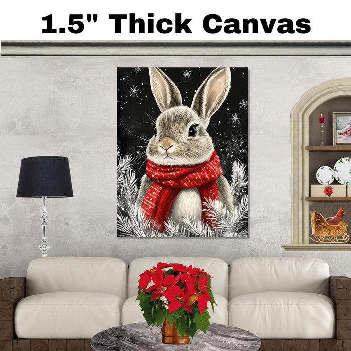 "Cozy Snow Bunny" - Bunny in Red Scarf Sitting in Winter Snow on Ready to Hang 1.5" Thick Canvas Wrap, Floating Framed Canvas, Flat Rolled Canvas