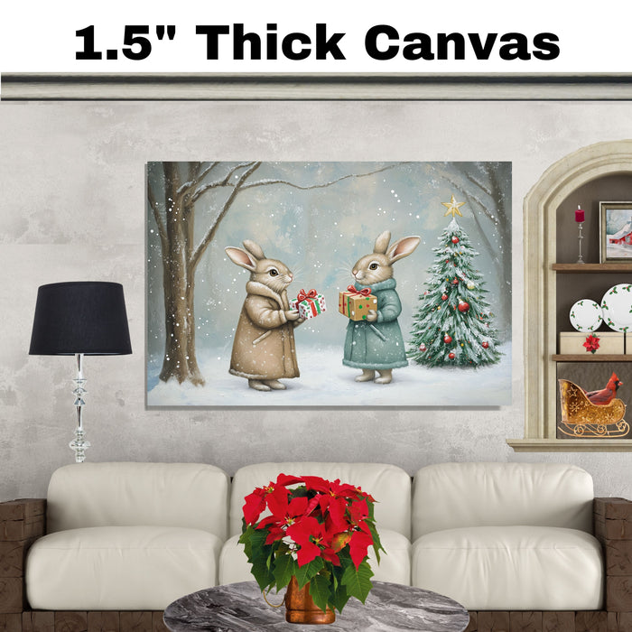 "Winter Wonderland: Gift-Giving Bunnies" Ð Cozy Rabbits in a Snowy Forest Scene on Ready to Hang 1.5" Thick Canvas Wrap, Floating Framed Canvas, Flat Rolled Canvas