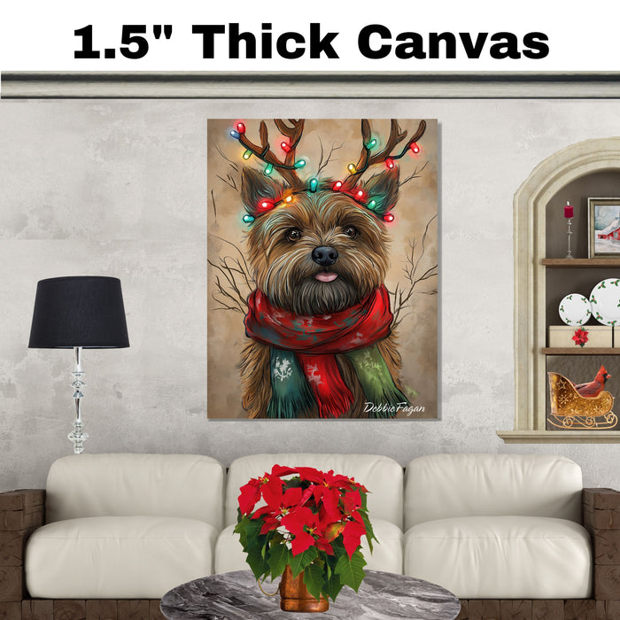 "Rustic Joy" - Cairn Terrier Dog with Lighted Antlers & Cozy Scarf on Rustic Canvas, Ready to Hang 1.5" Thick Canvas Wrap, Floating Framed Canvas, Flat Rolled Canvas