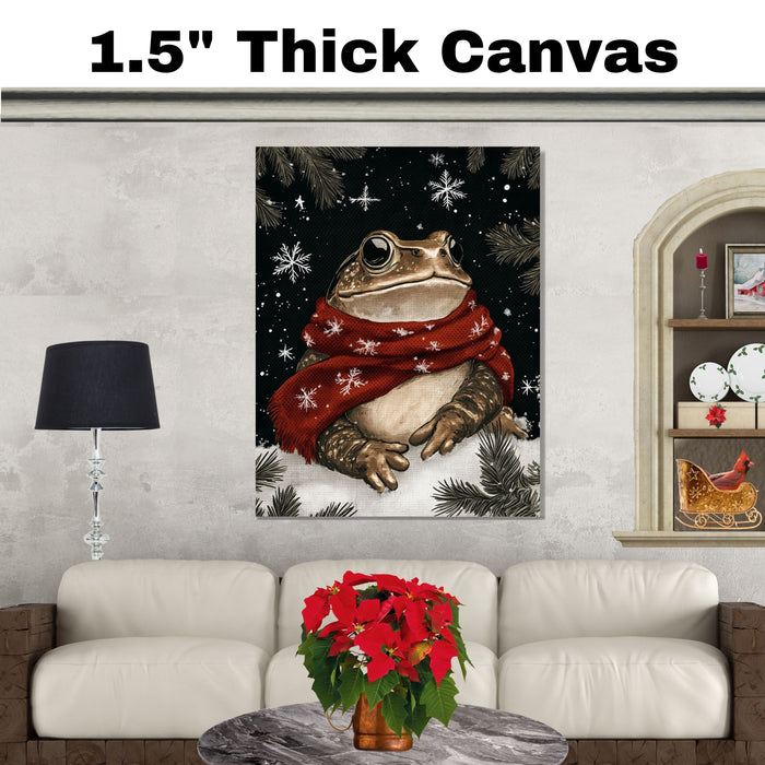 "Frosty Leap Frog" - Frog in Red Scarf Sitting in Snow on Ready to Hang 1.5" Thick Canvas Wrap, Floating Framed Canvas, Flat Rolled Canvas