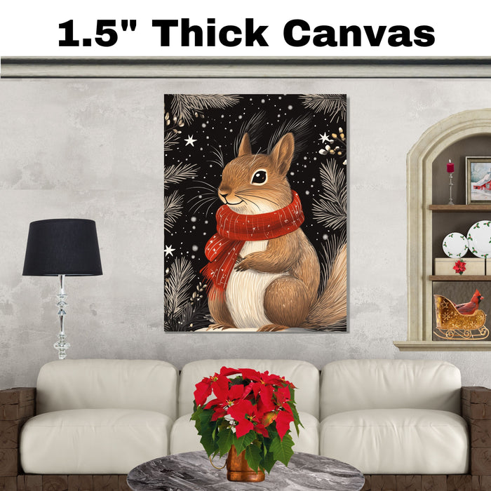 "Snowy Whimsy Squirrel" - Squirrel in Red Scarf Holding an Acorn in Winter Snow on Ready to Hang 1.5" Thick Canvas Wrap, Floating Framed Canvas, Flat Rolled Canvas