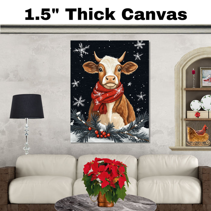 "Winter Bliss Cow" - Cow in Red Scarf Sitting in Snow on Ready to Hang 1.5" Thick Canvas Wrap, Floating Framed Canvas, Flat Rolled Canvas