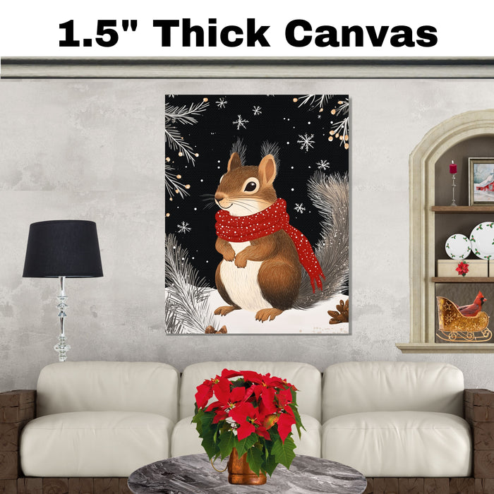 "Frosty Friend Squirrel" - Squirrel in Red Scarf Nestled in Snowy Scene on Ready to Hang 1.5" Thick Canvas Wrap, Floating Framed Canvas, Flat Rolled Canvas