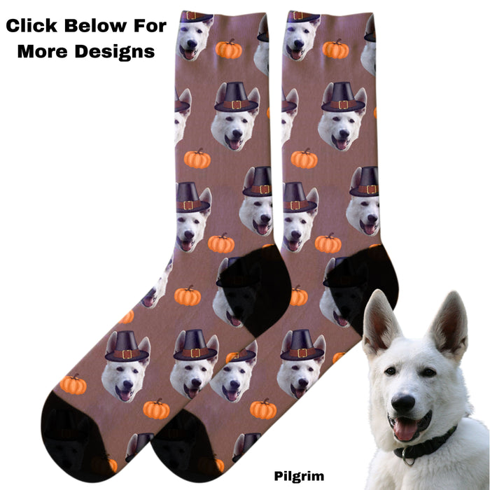 Customized Pilgrim and Pumpkins Socks, Cute Dog and Cat Photo on Custom Socks, Personalized Socks Gift for Pet Lovers