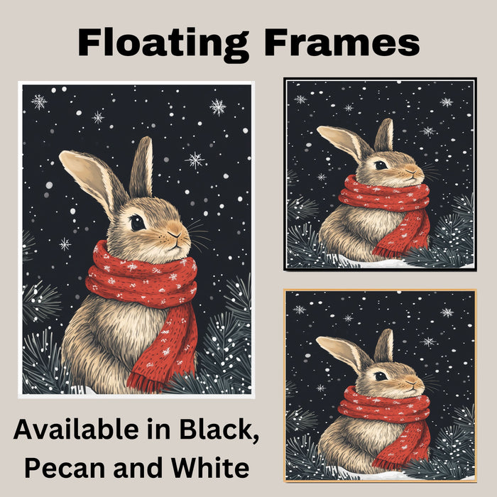 "Winter Wonderland Bunny" - Bunny in Red Scarf Sitting in Snow on Ready to Hang 1.5" Thick Canvas Wrap, Floating Framed Canvas, Flat Rolled Canvas