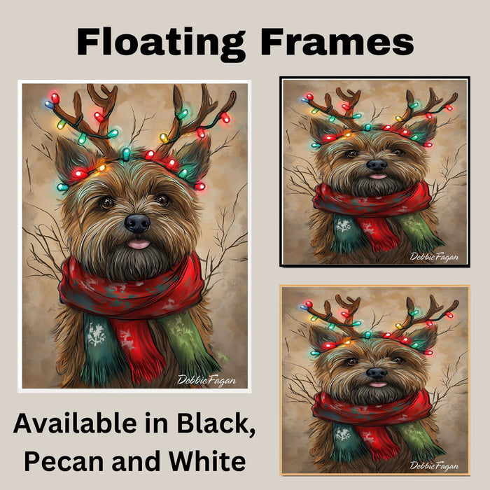 "Rustic Joy" - Cairn Terrier Dog with Lighted Antlers & Cozy Scarf on Rustic Canvas, Ready to Hang 1.5" Thick Canvas Wrap, Floating Framed Canvas, Flat Rolled Canvas