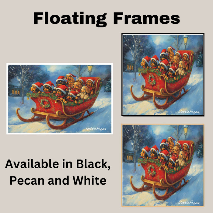 Doxie Christmas Canvas  - "Dashing Through the Snow" - Dachshund Puppies in Santa Hats Sleighing Adventure on Ready to Hang 1.5" Thick Canvas Wrap, Floating Framed Canvas, Flat Rolled Canvas