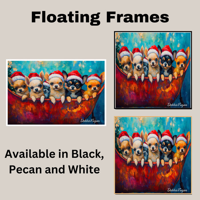 Dog Christmas Canvas  - ÒChihuahua CheerÓ - Adorable Puppies in Santa Hats on a Festive Sleigh on Ready to Hang 1.5" Thick Canvas Wrap, Floating Framed Canvas, Flat Rolled Canvas