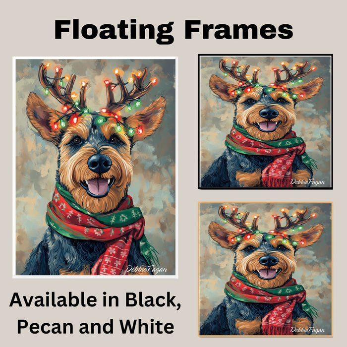 Airedale Joy - 'Antler Glow' - Airedale Terrier with Christmas Lights & Cozy Scarf on Rustic Background, Ready to Hang 1.5" Thick Canvas Wrap, Floating Framed Canvas, Flat Rolled Canvas