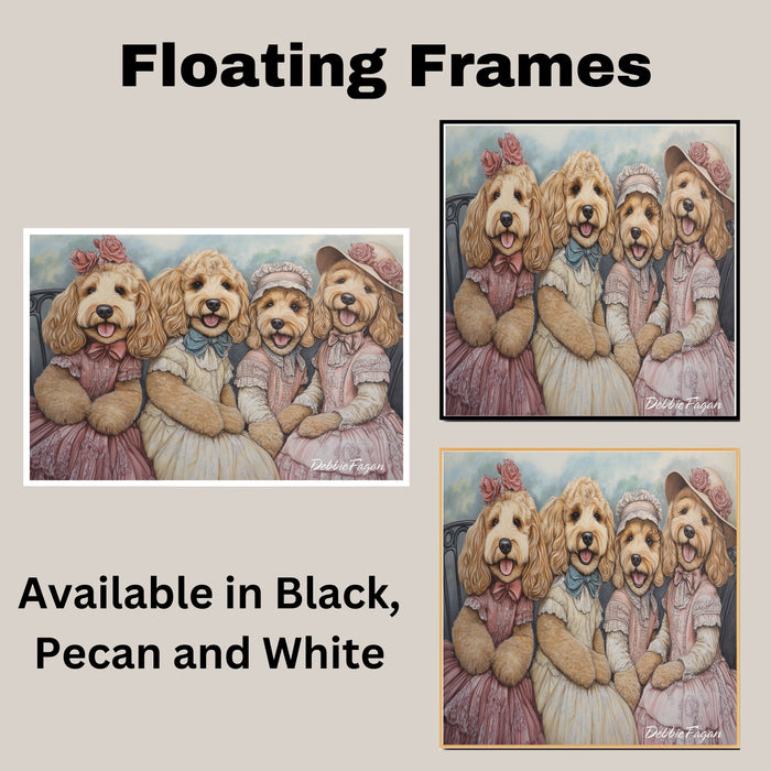 Dog Christmas Canvas  - "Victorian Doodle Charm" - Adorable Goldendoodles Dressed in Elegant Victorian Attire on Ready to Hang 1.5" Thick Canvas Wrap, Floating Framed Canvas, Flat Rolled Canvas