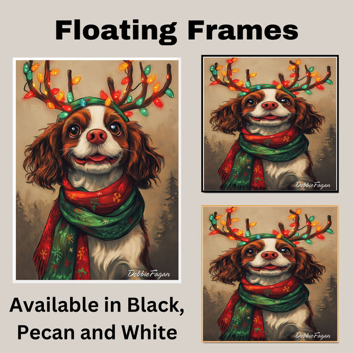 "Forest Frost" - Cavalier King Charles Dog with Lighted Antlers & Festive Scarf in Snowy Forest, Ready to Hang 1.5" Thick Canvas Wrap, Floating Framed Canvas, Flat Rolled Canvas