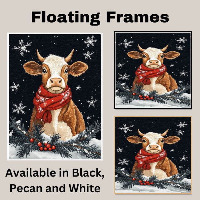 "Winter Bliss Cow" - Cow in Red Scarf Sitting in Snow on Ready to Hang 1.5" Thick Canvas Wrap, Floating Framed Canvas, Flat Rolled Canvas