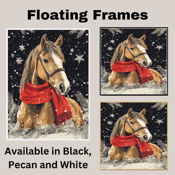 "Frosted Grace Horse" - Horse in Red Scarf Standing in Snowy Winter Scene on Ready to Hang 1.5" Thick Canvas Wrap, Floating Framed Canvas, Flat Rolled Canvas