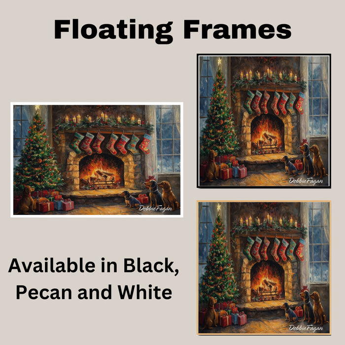 Dachshund Christmas Canvas - "Doxie Fireside Dreams" - Wiener Dogs by a Crackling Fireplace During a Winter Storm on Ready to Hang 1.5" Thick Canvas Wrap, Floating Framed Canvas, Flat Rolled Canvas