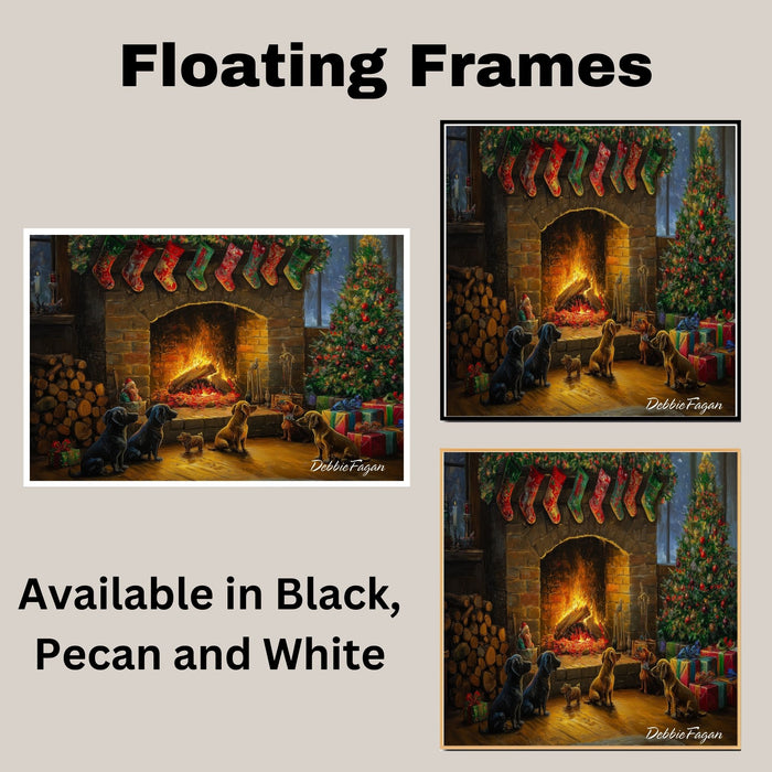 Dachshund Christmas Canvas - "Festive Fireside Friends" - Cozy Wiener Dogs by the Christmas Fireplace on Ready to Hang 1.5" Thick Canvas Wrap, Floating Framed Canvas, Flat Rolled Canvas