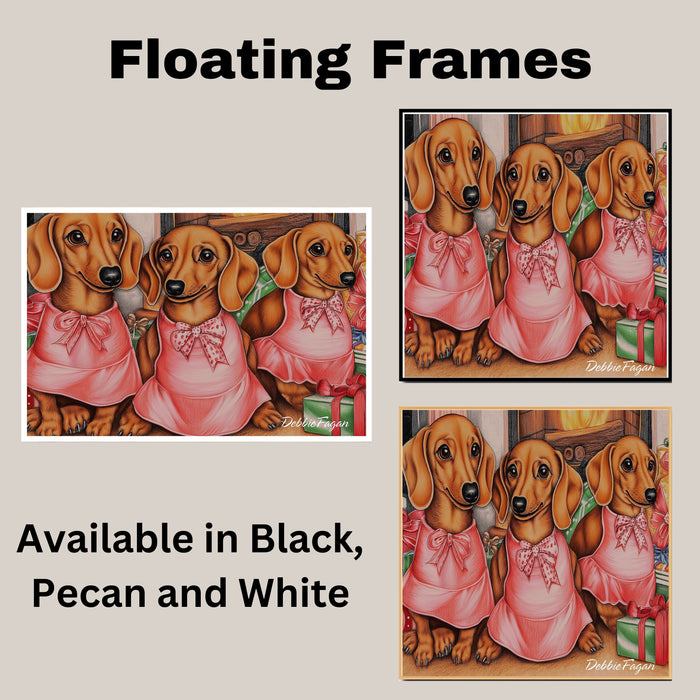 Dog Christmas Canvas - "Dachshund Delight" - Vintage-Inspired Art with Festive Presents on Ready to Hang 1.5" Thick Canvas Wrap, Floating Framed Canvas, Flat Rolled Canvas