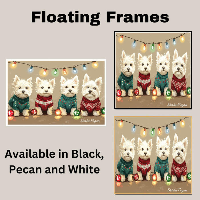 Dog Christmas Canvas  - "Highland Holiday Joy" - West Highland Terriers in Festive Sweaters with Christmas Lights on Ready to Hang 1.5" Thick Canvas Wrap, Floating Framed Canvas, Flat Rolled Canvas