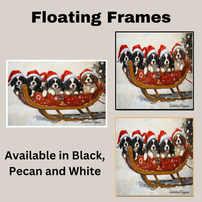 Dog Christmas Canvas  - "Santa's Little Helpers" - Adorable Puppies in Santa Hats on a Sleigh in a Winter Wonderland on Ready to Hang 1.5" Thick Canvas Wrap, Floating Framed Canvas, Flat Rolled Canvas