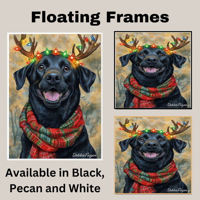 Forest Glow' - Black Labrador Dog with Lighted Antlers & Holiday Scarf in Snowy Forest, Ready to Hang 1.5" Thick Canvas Wrap, Floating Framed Canvas, Flat Rolled Canvas