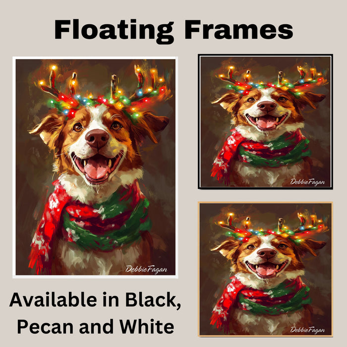 Christmas Glow - 'Rustic Wonder' - Australian Shepherd with Twinkling Antlers & Festive Scarf Rustic, Ready to Hang 1.5" Thick Canvas Wrap, Floating Framed Canvas, Flat Rolled Canvas