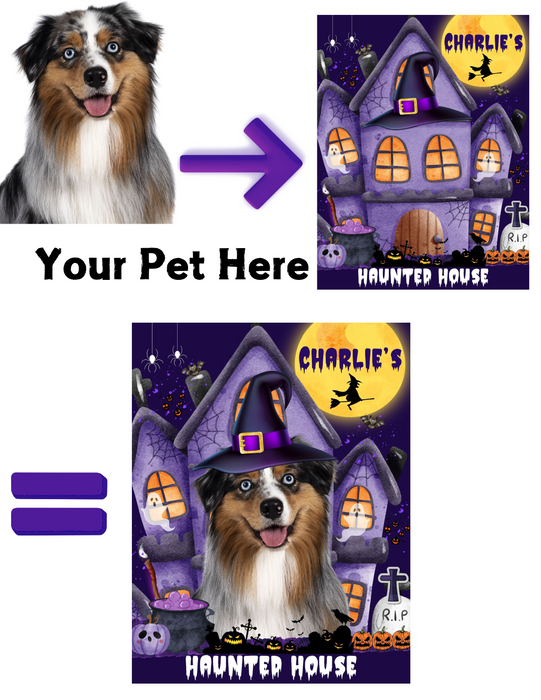 Custom Dog Portrait from Photo on Haunted House Sign Garden Flag, Customized Halloween Yard Art Garden Decor, Art to Print, Digital Download