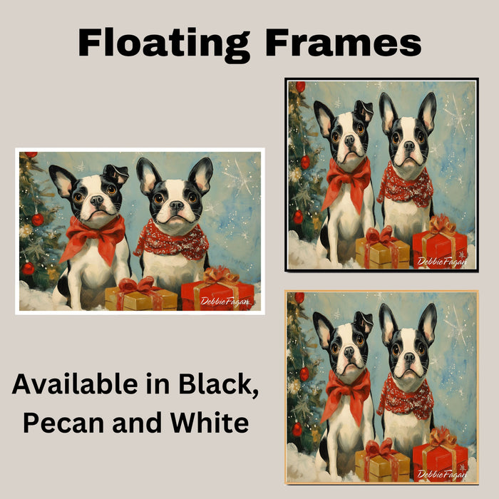 "Winter Whimsy" - French Bulldogs in Cozy Scarves Amidst a Snowy Wonderland with Christmas Tree and Gifts on Ready to Hang 1.5" Thick Canvas Wrap, Floating Framed Canvas, Flat Rolled Canvas