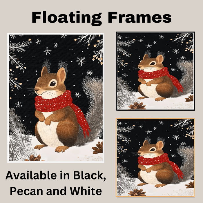 "Frosty Friend Squirrel" - Squirrel in Red Scarf Nestled in Snowy Scene on Ready to Hang 1.5" Thick Canvas Wrap, Floating Framed Canvas, Flat Rolled Canvas