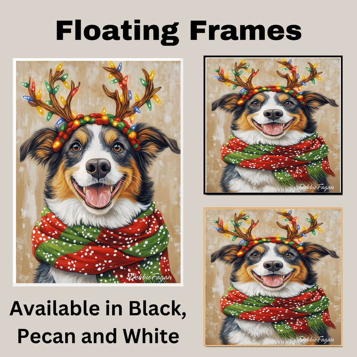 Holiday Spirit - 'Festive Flicker' - Australian Shepherd Dog with Lighted Antlers & Cozy Scarf on Rustic Background, Ready to Hang 1.5" Thick Canvas Wrap, Floating Framed Canvas, Flat Rolled Canvas