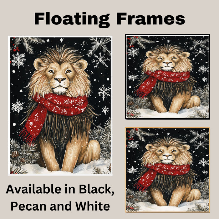 "Majestic Winter Lion" - Lion in Red Scarf Roaming the Snow on Ready to Hang 1.5" Thick Canvas Wrap, Floating Framed Canvas, Flat Rolled Canvas