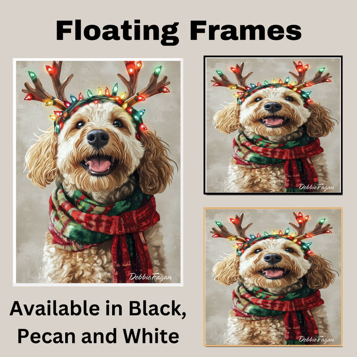 Rustic Joy' - Bernedoodle Dog with Lighted Antlers & Cozy Scarf on Rustic Canvas, Ready to Hang 1.5" Thick Canvas Wrap, Floating Framed Canvas, Flat Rolled Canvas