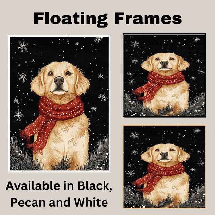 "Golden Winter Joy" - Golden Retriever in Red Scarf Sitting in Snow on Ready to Hang 1.5" Thick Canvas Wrap, Floating Framed Canvas, Flat Rolled Canvas