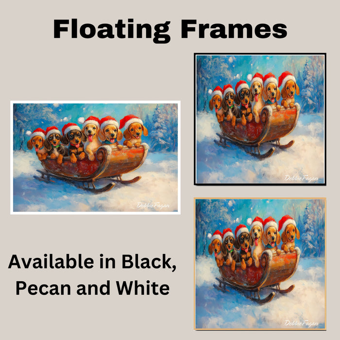 "Dachshund Sleigh Ride" - Adorable Doxie in Santa Hats Enjoying a Joyful Journey Through a Snowy Winter Forest on Ready to Hang 1.5" Thick Canvas Wrap, Floating Framed Canvas, Flat Rolled Canvas