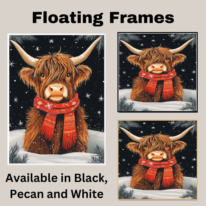 "Highland Winter Charm" - Highland Cow in Red Scarf Resting in Snow on Ready to Hang 1.5" Thick Canvas Wrap, Floating Framed Canvas, Flat Rolled Canvas