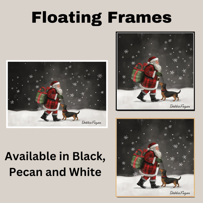 Doxie Christmas Canvas  - "Snowy Adventure" - Dachshund and Santa in The Winter Snow on Ready to Hang 1.5" Thick Canvas Wrap, Floating Framed Canvas, Flat Rolled Canvas