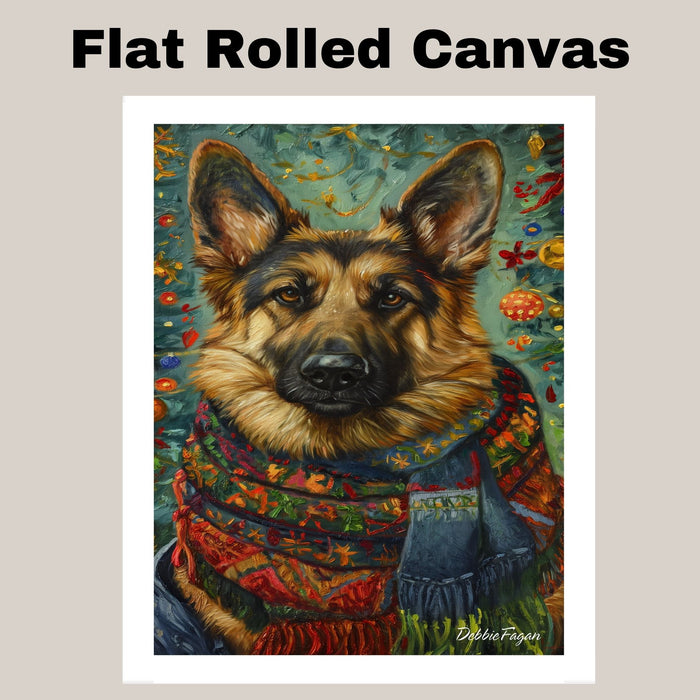 German Shepherd Dog in Winter Scarf with Christmas Tree Art Print on 1.5" Thick Canvas Wrap, Floating Framed Canvas, Flat Rolled Canvas