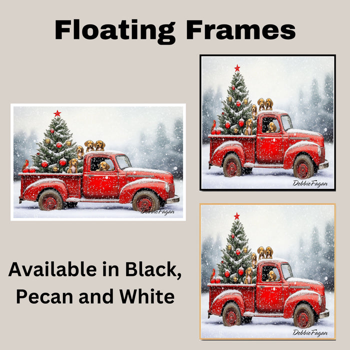 Dog Christmas Canvas - "Puppy Parade" - Vizsla Puppies in a Vintage Red Truck with Christmas Tree on Ready to Hang 1.5" Thick Canvas Wrap, Floating Framed Canvas, Flat Rolled Canvas