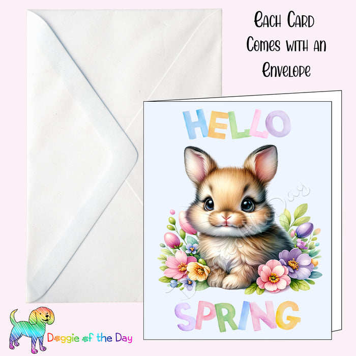 Hello Spring Little Bunny Greeting Card with Envelope, Fun and Cute Animal Portrait Stationery, 5x7"