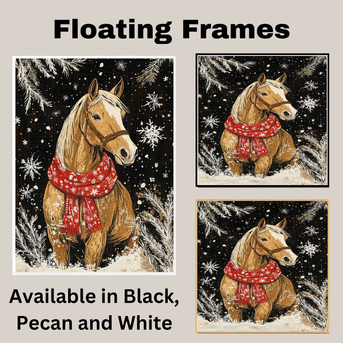 "Snowy Elegance Horse" - Horse in Red Scarf Amidst Winter Snow on Ready to Hang 1.5" Thick Canvas Wrap, Floating Framed Canvas, Flat Rolled Canvas