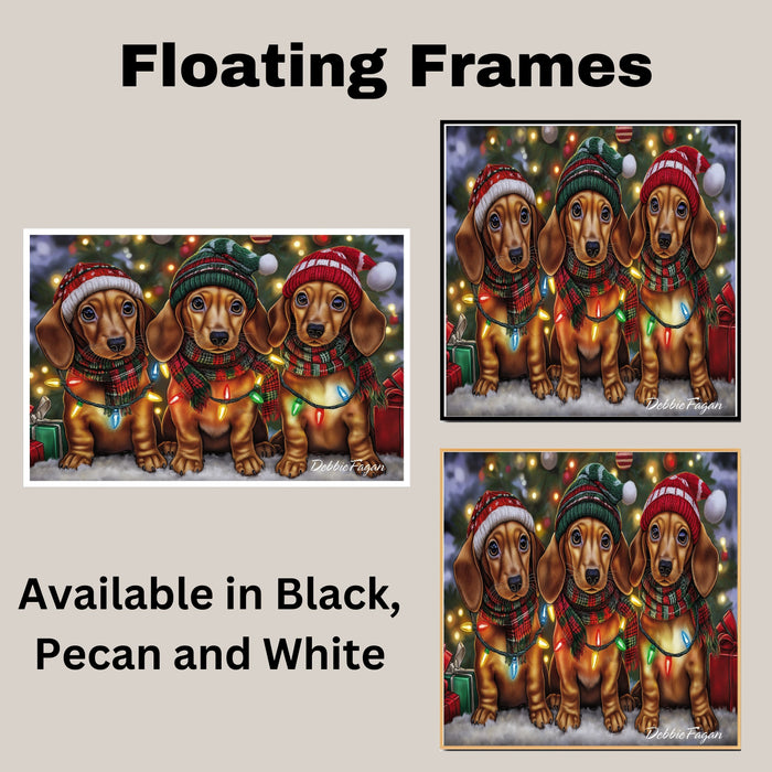 Christmas Canvas - "Dachshund Wonders" - Winter Pups Adorned in Cozy Outfits Wrapped in Festive Christmas Lights on Ready to Hang 1.5" Thick Canvas Wrap, Floating Framed Canvas, Flat Rolled Canvas