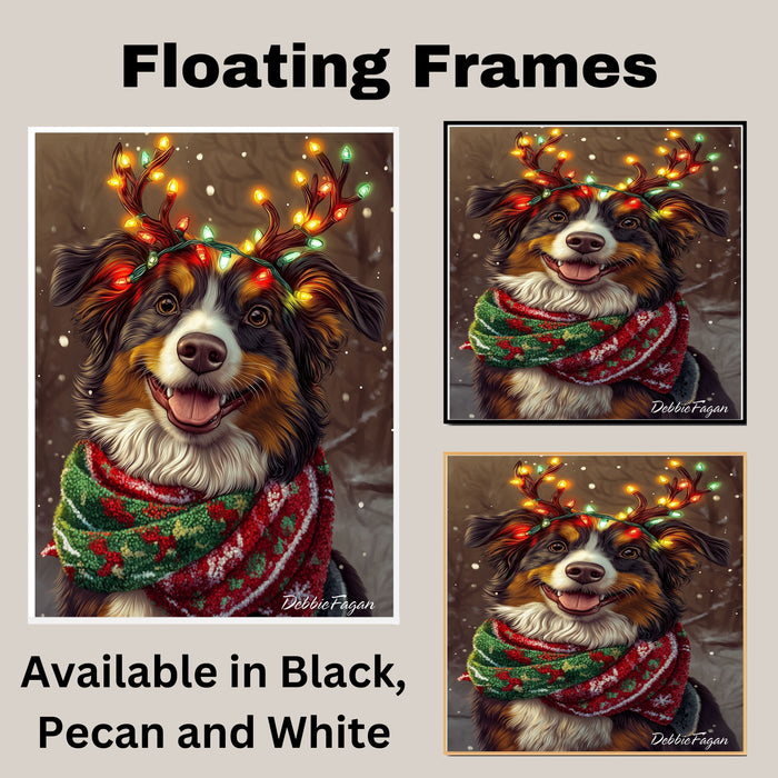 Forest Glow' - Australian Shepherd with Lighted Antlers & Festive Scarf in Snowy Forest Scene, Ready to Hang 1.5" Thick Canvas Wrap, Floating Framed Canvas, Flat Rolled Canvas