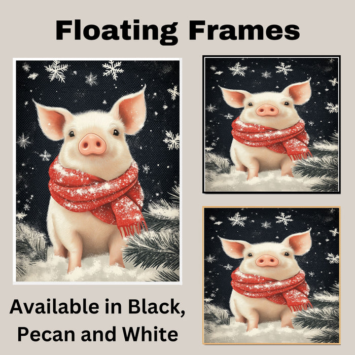 "Winter Cuddle Pig" - Pig in Red Scarf Cozy in Snow on Ready to Hang 1.5" Thick Canvas Wrap, Floating Framed Canvas, Flat Rolled Canvas