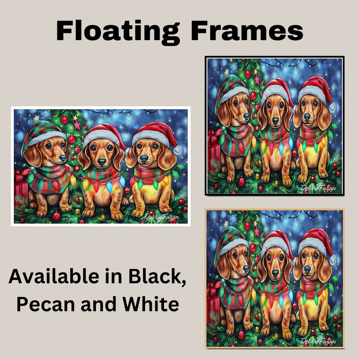 Doxie Christmas Canvas - "Wiener Wonder" - Festive Pups in Cozy Winter Wear Dressed with Twinkling Christmas Lights on Ready to Hang 1.5" Thick Canvas Wrap, Floating Framed Canvas, Flat Rolled Canvas