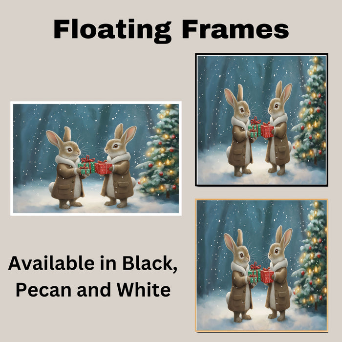 "Enchanted Forest Cheer: Bunnies Exchanging Gifts" Ð Cozy Winter Scene on Ready to Hang 1.5" Thick Canvas Wrap, Floating Framed Canvas, Flat Rolled Canvas