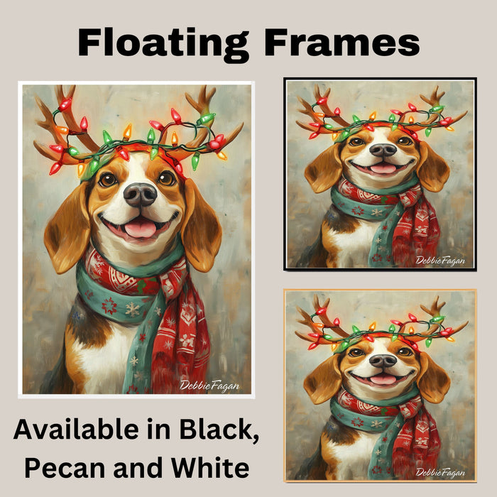 Beagle Christmas Charm - 'Rustic Snuggles' - Beagle Dog with Lighted Antlers & Festive Scarf on Rustic Canvas, Ready to Hang 1.5" Thick Canvas Wrap, Floating Framed Canvas, Flat Rolled Canvas