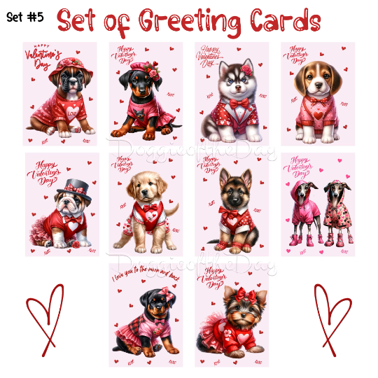 Valentine's Day Dog Set of 10 Greeting Card and Note Card w/ Envelope, Puppy with Flowers, I Love You Card, Anniversary Gift, Dog with Roses