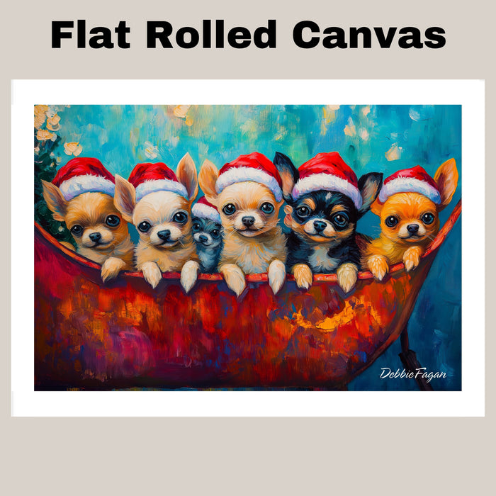 Dog Christmas Canvas  - ÒChihuahua CheerÓ - Adorable Puppies in Santa Hats on a Festive Sleigh on Ready to Hang 1.5" Thick Canvas Wrap, Floating Framed Canvas, Flat Rolled Canvas