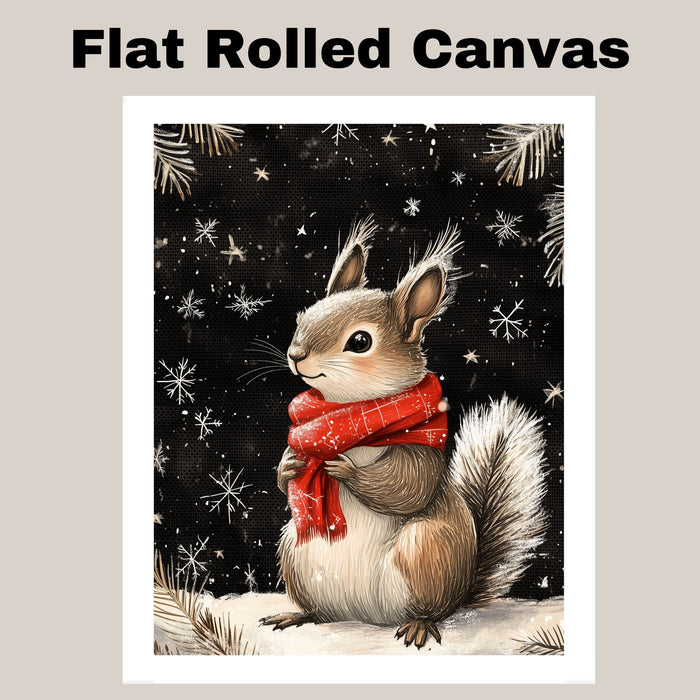 "Winter Delight Squirrel" - Squirrel in Red Scarf Playing in Snow on Ready to Hang 1.5" Thick Canvas Wrap, Floating Framed Canvas, Flat Rolled Canvas