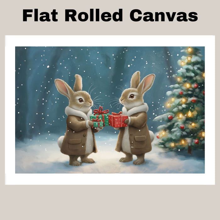 "Enchanted Forest Cheer: Bunnies Exchanging Gifts" Ð Cozy Winter Scene on Ready to Hang 1.5" Thick Canvas Wrap, Floating Framed Canvas, Flat Rolled Canvas