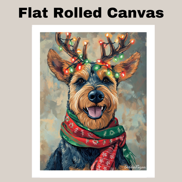 Airedale Joy - 'Antler Glow' - Airedale Terrier with Christmas Lights & Cozy Scarf on Rustic Background, Ready to Hang 1.5" Thick Canvas Wrap, Floating Framed Canvas, Flat Rolled Canvas